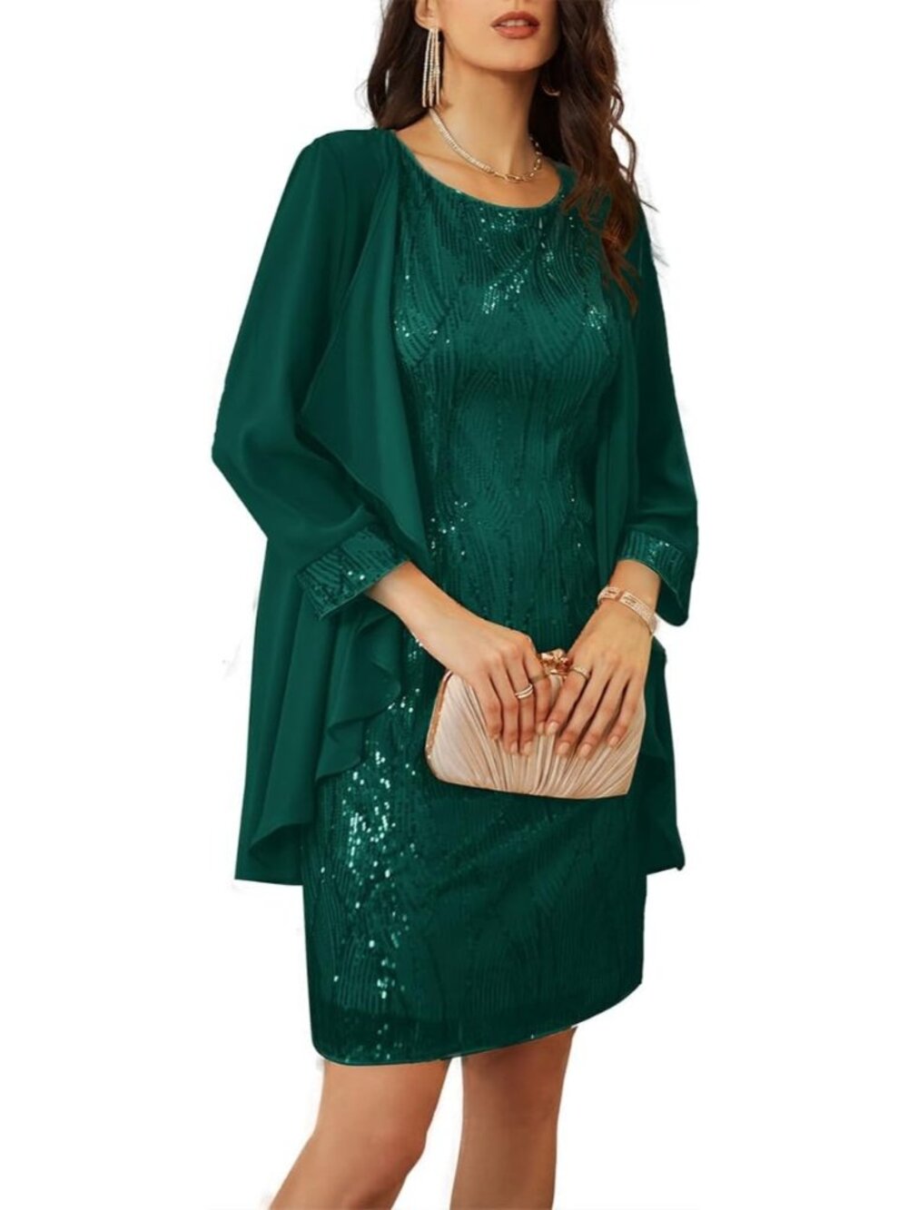 Women's Dark Green Two Piece 3/4 Sleeve Chiffon Jacket Wedding Guest Dresses
